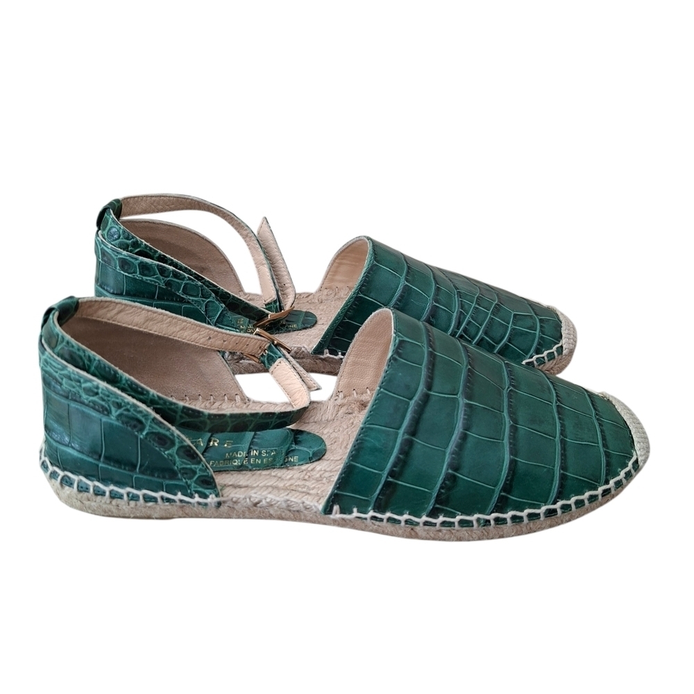 EQUITARE Leather Green Croc Embossed Espadrille Wedges Ankle Strap Sandals - Picture 4 of 11